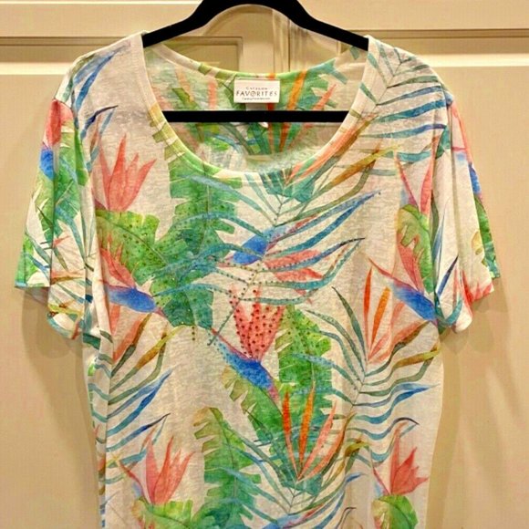 Catalog Favorites Multicolored Bird Feathers Tunic Top 1X - Picture 1 of 7